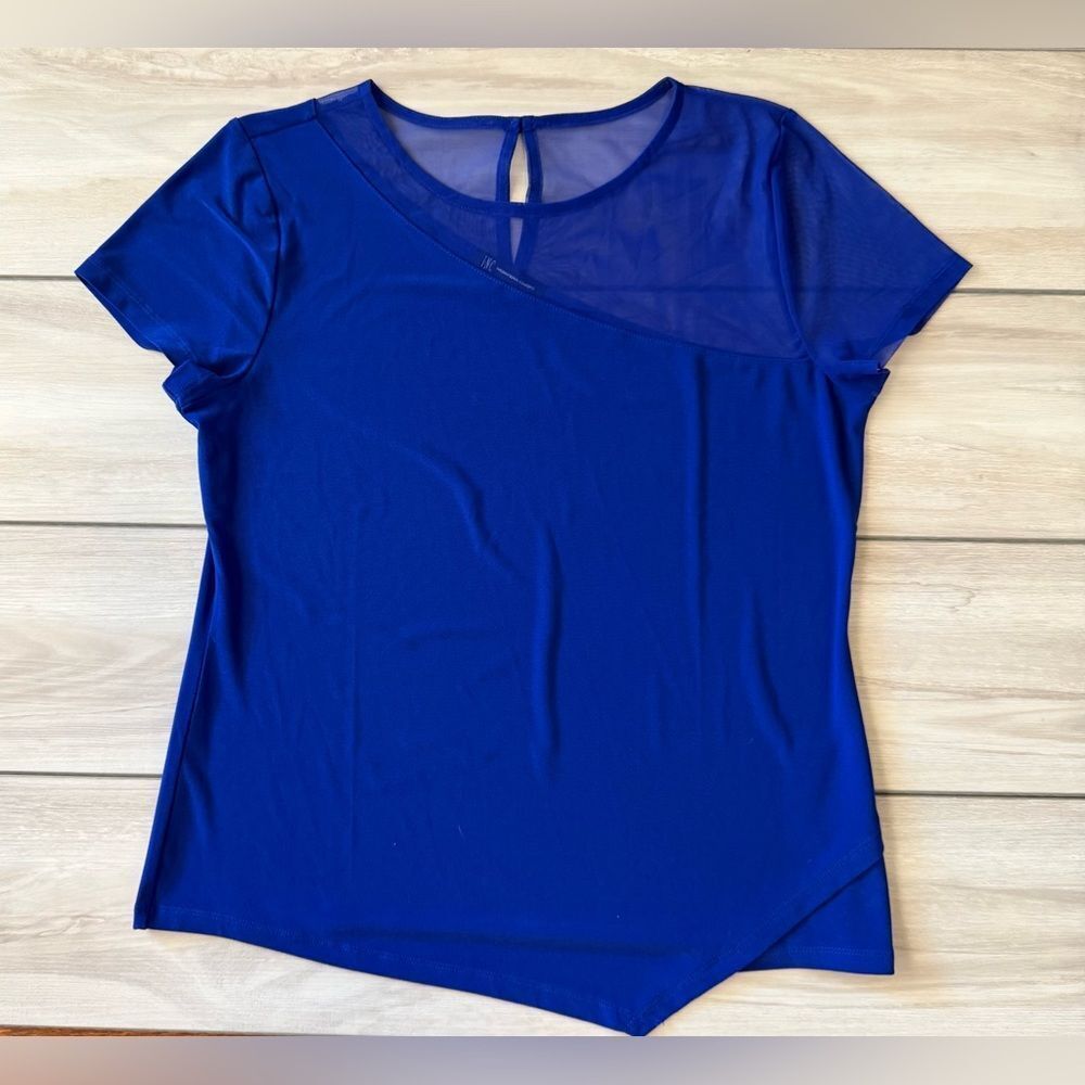INC International Concepts Mesh Shoulder Short Sleeve Shirt Blue Large EUC